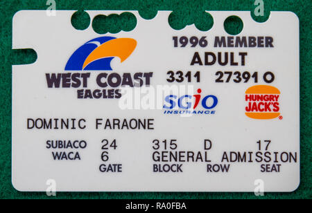 West Coast Eagles Football Club membership card per l'anno 1996. Foto Stock