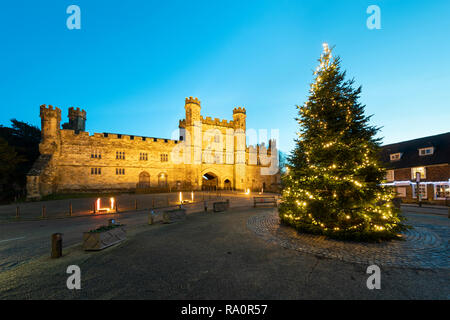Abbazia di Battle e albero di Natale, Battle, East Sussex, England, Regno Unito, Europa Foto Stock