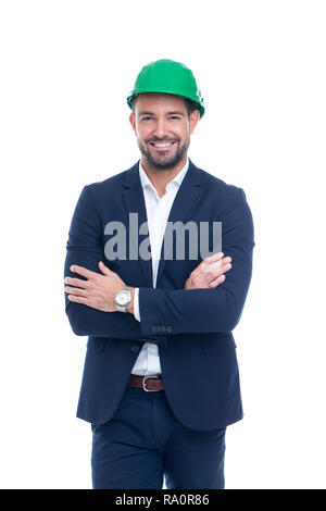 Costruzione Confiident manager in posa isolato su bianco Foto Stock