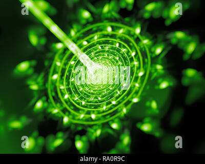 Incandescente verde fascio quantum bersaglio colpito, generato dal computer sfondo astratto, rendering 3D Foto Stock