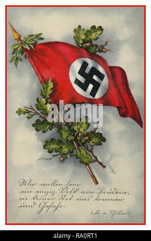 Vendemmia inizio degli anni trenta il tedesco Propaganda nazista gli auguri di buon compleanno Card. Cartolina di svastica bandiera con ghiande e foglie di quercia come motivo per giovani crescente forza di crescita più forte Foto Stock