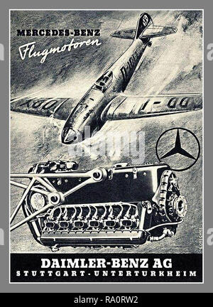 MERCEDES WW2 Vintage World War II Nazi Germany Mercedes poster Press Advertisement 1940 WW2 Daimler-Benz Mercedes-Benz Engine for Fighter Aircraft Messerschmitt Bf 109 with Nazi Germany Swastika TAIL fin Daimler-Benz/Mercedes-Benz Flugmotoren-Aviation Engines Wartime Nazi Germany advertising. Foto Stock