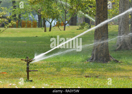 Il giardinaggio. Sprinkler prato la spruzzatura di acqua su erba verde. Sistema di irrigazione - tecnica di irrigazione nel giardino. Foto Stock