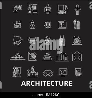 Architettura della linea modificabile vettore icone impostato su sfondo nero. Architettura di contorno bianco illustrazioni, segni, simboli Illustrazione Vettoriale