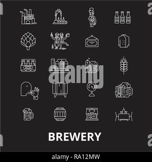 La fabbrica di birra della linea modificabile vettore icone impostato su sfondo nero. La fabbrica di birra profilo bianco illustrazioni, segni, simboli Illustrazione Vettoriale