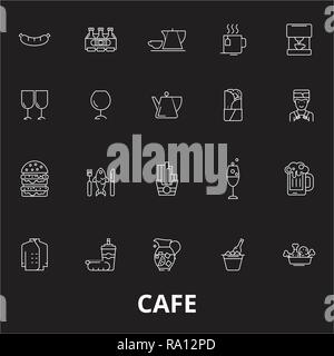 Cafe linea modificabile vettore icone impostato su sfondo nero. Cafe profilo bianco illustrazioni, segni, simboli Illustrazione Vettoriale