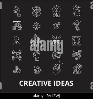Le idee creative della linea modificabile vettore icone impostato su sfondo nero. Idee creative profilo bianco illustrazioni, segni, simboli Illustrazione Vettoriale