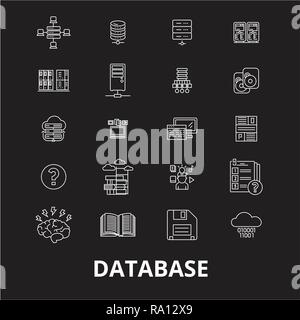 Database della linea modificabile vettore icone impostato su sfondo nero. Database di contorno bianco illustrazioni, segni, simboli Illustrazione Vettoriale