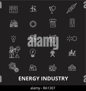 Industria energetica della linea modificabile vettore icone impostato su sfondo nero. Industria energetica profilo bianco illustrazioni, segni, simboli Illustrazione Vettoriale