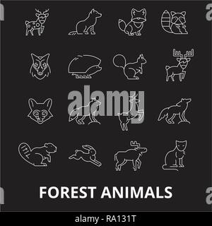 Gli animali del bosco della linea modificabile vettore icone impostato su sfondo nero. Gli animali del bosco profilo bianco illustrazioni, segni, simboli Illustrazione Vettoriale