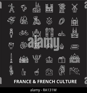 Francia linea modificabile vettore icone impostato su sfondo nero. Francia profilo bianco illustrazioni, segni, simboli Illustrazione Vettoriale