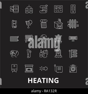 Il riscaldamento della linea modificabile vettore icone impostato su sfondo nero. Riscaldamento profilo bianco illustrazioni, segni, simboli Illustrazione Vettoriale