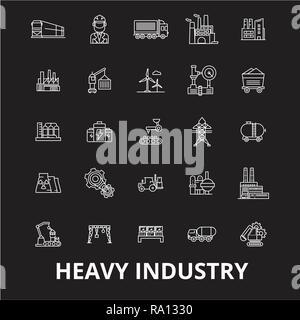Industria pesante della linea modificabile vettore icone impostato su sfondo nero. Industria pesante profilo bianco illustrazioni, segni, simboli Illustrazione Vettoriale