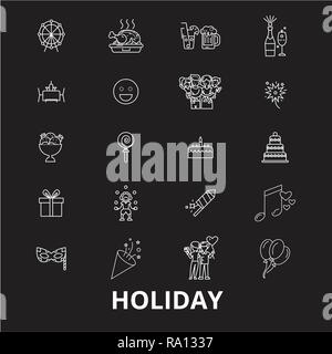 Vacanze a linea modificabile vettore icone impostato su sfondo nero. Vacanze a profilo bianco illustrazioni, segni, simboli Illustrazione Vettoriale