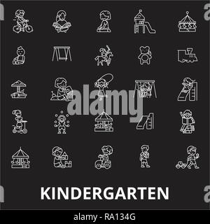 Kindergarten linea modificabile vettore icone impostato su sfondo nero. Kindergarten profilo bianco illustrazioni, segni, simboli Illustrazione Vettoriale
