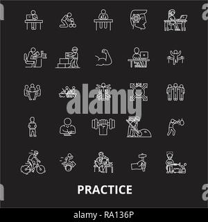 La pratica della linea modificabile vettore icone impostato su sfondo nero. Pratica profilo bianco illustrazioni, segni, simboli Illustrazione Vettoriale