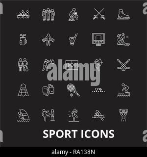 Sport linea modificabile vettore icone impostato su sfondo nero. Sport profilo bianco illustrazioni, segni, simboli Illustrazione Vettoriale