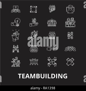 Teambuilding linea modificabile vettore icone impostato su sfondo nero. Teambuilding profilo bianco illustrazioni, segni, simboli Illustrazione Vettoriale