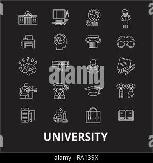 Università della linea modificabile vettore icone impostato su sfondo nero. Università profilo bianco illustrazioni, segni, simboli Illustrazione Vettoriale