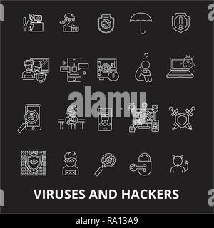 Virus e hacker linea modificabile vettore icone impostato su sfondo nero. Virus e hacker profilo bianco illustrazioni, segni, simboli Illustrazione Vettoriale