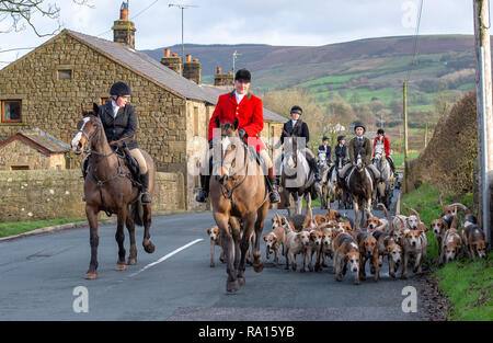 Preston, Lancashire, Regno Unito. Il 29 dicembre, 2018. Cani e cavalli fuori trascina la caccia su un bel pomeriggio vicino a Preston, Lancashire. Credito: John Eveson/Alamy Live News Foto Stock