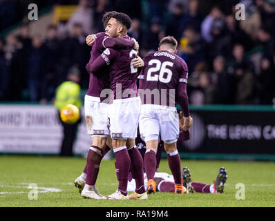 Edimburgo, Scozia, Regno Unito. Il 29 dicembre 2018. Calcio, Ladbrokes Premiereship scozzese - Hibernian v Cuore di Midlothian, Easter Road Stadium, Edimburgo, Midlothian, Regno Unito. 29/12/2018. Pic mostra: Cuori giocatori celebrare battendo Hibs da 1 obiettivi da 0 a Easter Road Stadium, Edinburgh, Regno Unito il 29 dicembre 2018. Credito: Alamy/Ian Jacobs Credito: Ian Jacobs/Alamy Live News Foto Stock