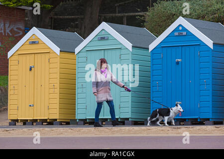 Bournemouth Dorset, Regno Unito. Il 30 dicembre 2018. Nuvoloso con fine pioggerella a Bournemouth, come una donna cammina il suo cane lungo la promenade passato pittoresca spiaggia di capanne. Credito: Carolyn Jenkins/Alamy Live News Foto Stock