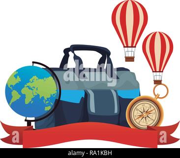 Elementi di viaggio e voce con bagaglio bussola globo mongolfiera illustrazione vettoriale graphic design Illustrazione Vettoriale
