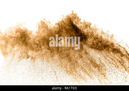 Abstract brown esplosioni di polveri su sfondo bianco. Abstract polvere marrone splatter su sfondo bianco. Congelare il movimento delle particelle di colore marrone di esplodere. Foto Stock