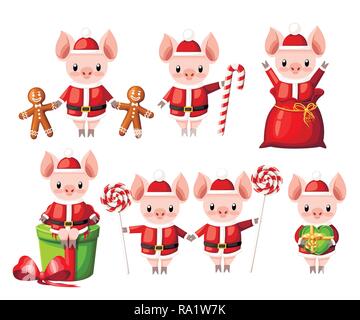 Carino il maiale in Christmas santa raccolta di costumi tradizionali. Cartoon character design. Little Pigs con connettori lollipop, gingerbread cookie e confezioni regalo. Vettore di piatto mi Illustrazione Vettoriale