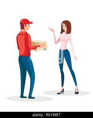 Uomo di consegna con scatola e donna client. Corriere rosso uniforme. Una donna riceve un pacco. Piatto illustrazione vettore isolato su sfondo bianco. Illustrazione Vettoriale