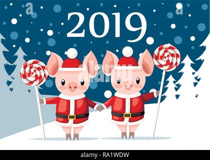 Due simpatici suini in Christmas santa costume. Attesa di maiale candy stick. Cartoon character design. Rosa mascotte di animale. Appartamento illustrazione vettoriale su fores invernale Illustrazione Vettoriale