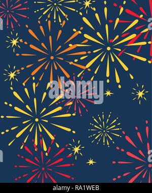 Abstract rossa e dorata esplosioni di fuochi d'artificio. Appartamento illustrazione vettoriale sul cielo notturno sfondo. Posto per il testo. Illustrazione Vettoriale