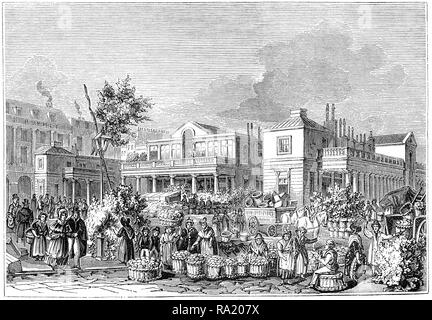 1845 incisione di mercato di Covent Garden di Londra. Foto Stock