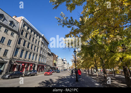 MONTREAL, Canada - 4 Novembre 2018: Vista della vecchia Montreal, sul lungomare o Vieux Montréal, Québec in autunno con le sue foglie gialle alberi e pietre b Foto Stock