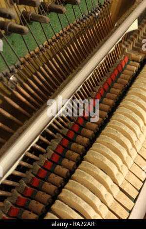 Una vista ravvicinata del meccanico di un pianoforte verticale, con la sintonizzazione i perni di attacco, teste di martello, la vibrante stringhe e la soft mute (sordino) panno di feltro Foto Stock