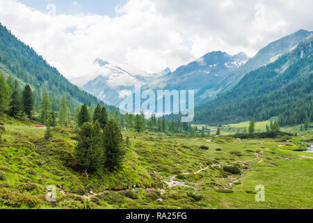 Valle alpina con picchi di montagne in lontananza in italia in un giorno nuvoloso Foto Stock