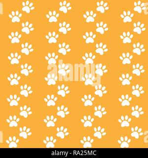 Sfondo arancione per il confezionamento di design. Tracce di cat modello di tessili. Vector seamless paw stampa modello senza giunture. Illustrazione Vettoriale