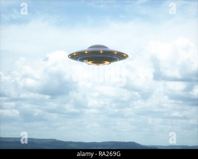 Oggetto Volante non Identificato. UFO con percorso di clipping incluso. 3D illustrazione nel quadro reale. Foto Stock