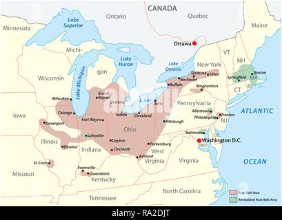 Mappa della regione di cintura di ruggine negli Stati Uniti d'America Illustrazione Vettoriale