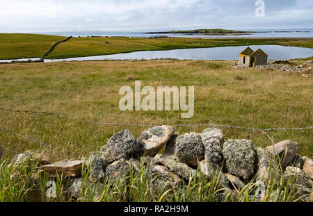 Un abbandonato la rovina di Croft house si affaccia sull'Oceano Atlantico nelle isole Shetland della Scozia su un poco nuvoloso giorno Foto Stock