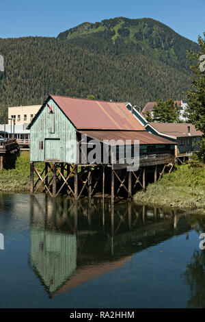 Un vecchio legno barca stilt house sul martello Slough a Pietroburgo, Mitkof Island, Alaska. Pietroburgo estinta da immigrato norvegese Peter Buschmann è nota come Piccola Norvegia a causa della elevata percentuale di persone di origine scandinava. Foto Stock