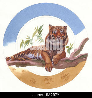Acquarello dipinto di Tiger su un multicolore sfondo rotonda Foto Stock