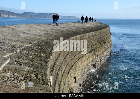 Lyme Regis, Dorset. Il 1° gennaio 2019. Regno Unito: Meteo persone godere il caldo e soleggiato a Lyme Regis, Dorset Credito: Finnbarr Webster/Alamy Live News Foto Stock