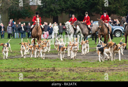 Melton Mowbray, Leicestershire, Regno Unito. Il 1° gennaio 2019. Il Cottesmore Hunt - uno di Inghilterra del premier caccia fondata nel 1696 e prende il suo nome dal villaggio di Leicestershire di Quorn, hounds kenneled tra il 1753 a1 904 inizia da Melton Mowbray Town station wagon park e i giardini. Belvoir Hunt si incontrano a giocare vicino Parco Credito: Clifford Norton/Alamy Live News Foto Stock