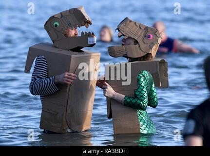 Lyme Regis, Dorset. Il 1° gennaio 2019. Affondo di Lyme, nuovi anni nuotare, Lyme Regis, Dorset Credito: Finnbarr Webster/Alamy Live News Foto Stock