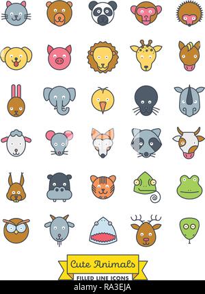 Raccolta di graziosi animali facce piene di colore le icone della linea. Pet, bestiame e bestie selvatiche i simboli vettoriali. Illustrazione Vettoriale