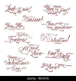 Raccolta di spazzola romantica frasi scritte saing essere mio Valentine, ti amo, tutto ciò di cui hai bisogno è amore e altri. Illustrazione Vettoriale