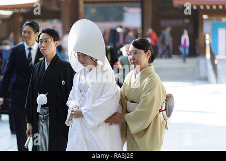 Lo Shintoismo corteo nuziale con la sposa indossa il tradizionale watabōshi cappa bianca a piedi con lo sposo in Meiji Jingu sacrario scintoista Foto Stock