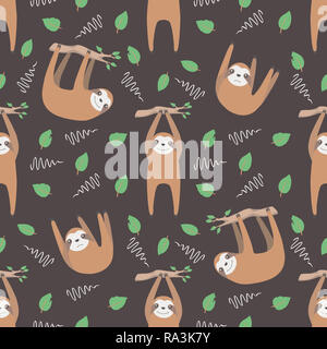 Illustrazione grafica seamless pattern con appeso alla moda in stile cartoon bradipi con foglie e rami scuri su sfondo nero Foto Stock